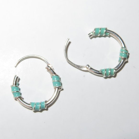 Sterling Silver Green Enamel Accents Hoops Huggies Earrings - Picture 7 of 12